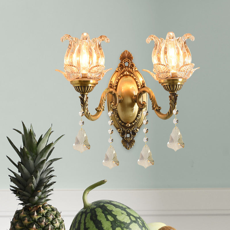 Traditional Semi-Open Flower Sconce 1/2-Light Clear Glass Wall Mount Lighting in Brass