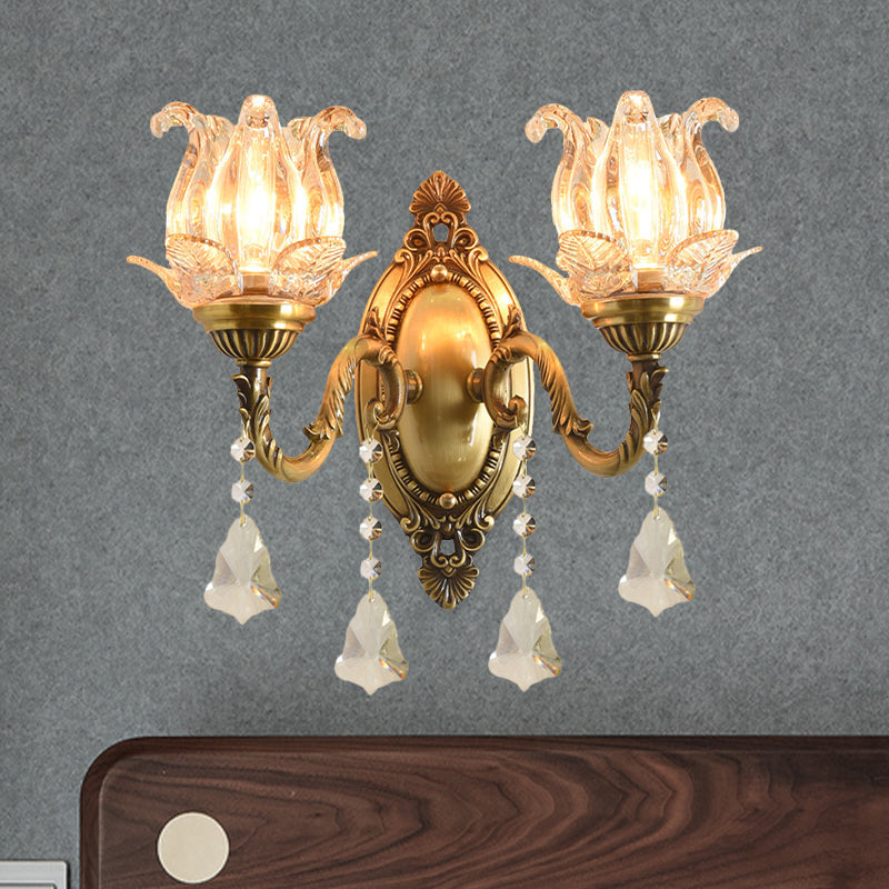 Traditional Semi-Open Flower Sconce 1/2-Light Clear Glass Wall Mount Lighting in Brass