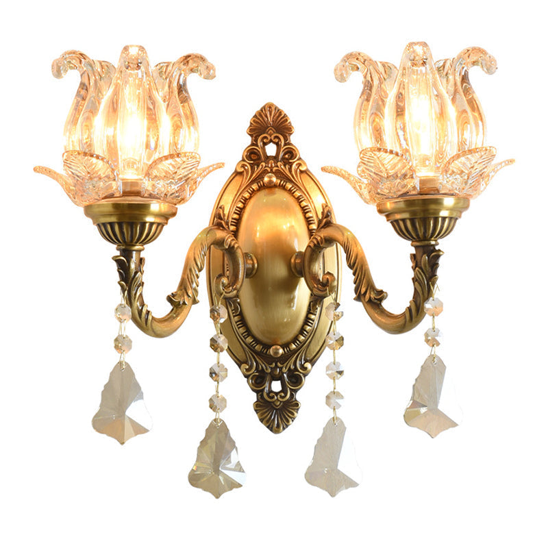 Traditional Semi-Open Flower Sconce 1/2-Light Clear Glass Wall Mount Lighting in Brass