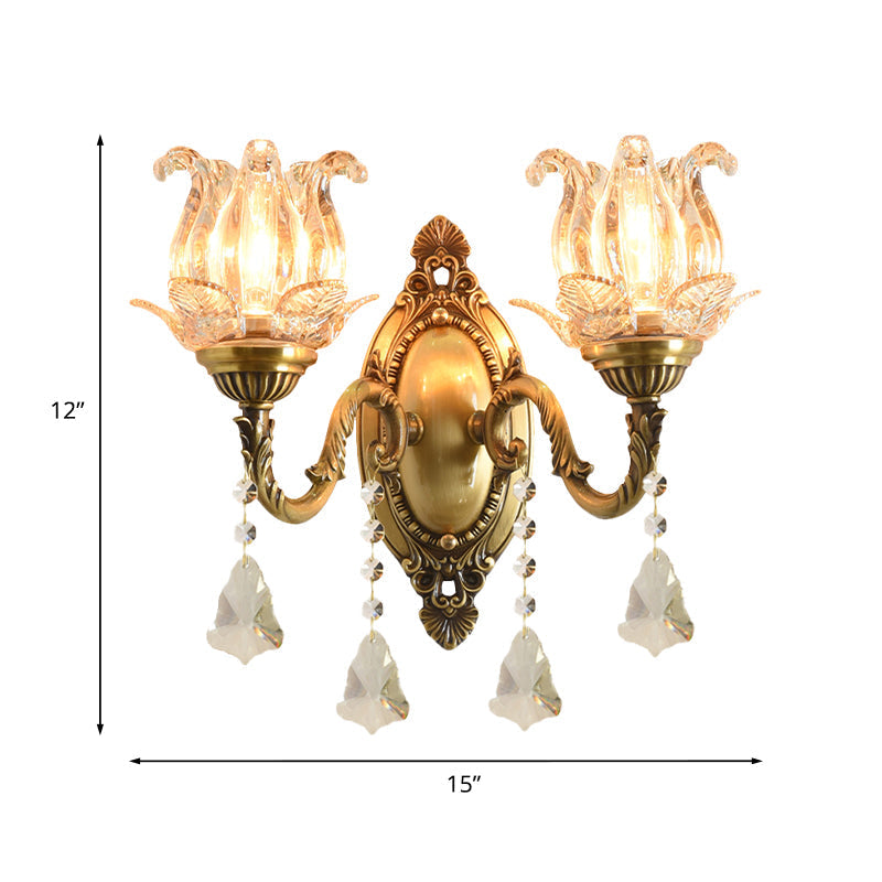 Traditional Semi-Open Flower Sconce 1/2-Light Clear Glass Wall Mount Lighting in Brass