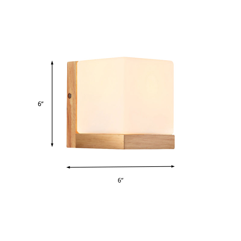 Hotel Restaurant Cube Wall Lamp Opal Glass Wood 1 Light Japanese Style White Wall Lamp