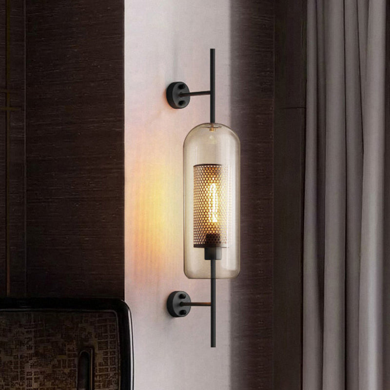 Cognac Glass Black Wall Lamp Oblong 1 Bulb Colonial Wall Mounted Light with Inner Column Mesh Screen, 5"/6" W