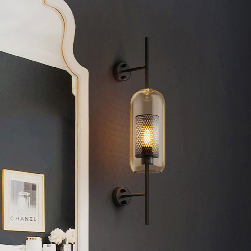Cognac Glass Black Wall Lamp Oblong 1 Bulb Colonial Wall Mounted Light with Inner Column Mesh Screen, 5"/6" W