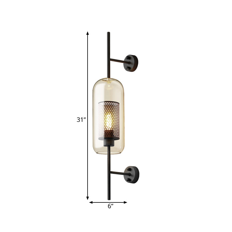 Cognac Glass Black Wall Lamp Oblong 1 Bulb Colonial Wall Mounted Light with Inner Column Mesh Screen, 5"/6" W