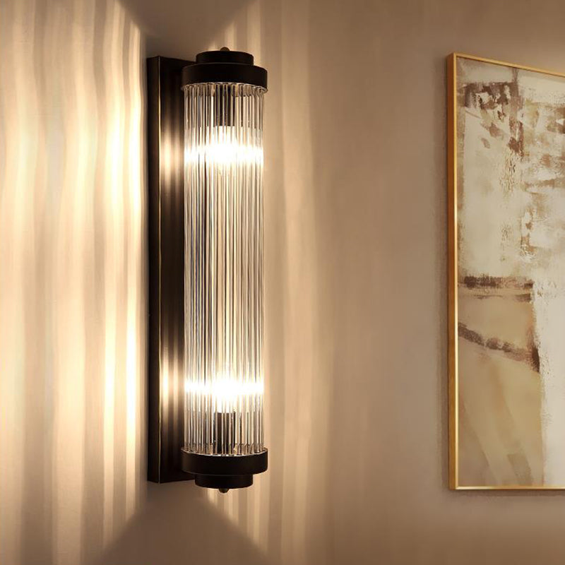 Pipe Wall Mounted Lamp Modern Style Clear Crystal and Metal 2 Lights Sconce Fixture in Black for Bedside