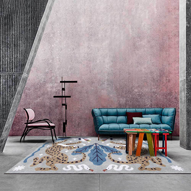 Stylish animal pattern rug gray and blue Nordic rug polyester washable non-slip back rug for the living room