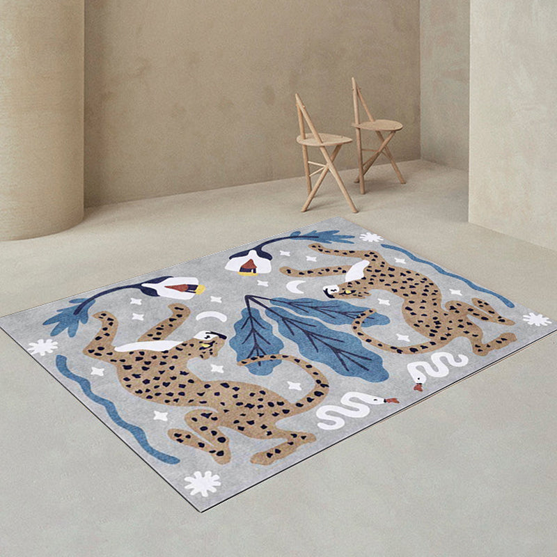 Stylish animal pattern rug gray and blue Nordic rug polyester washable non-slip back rug for the living room