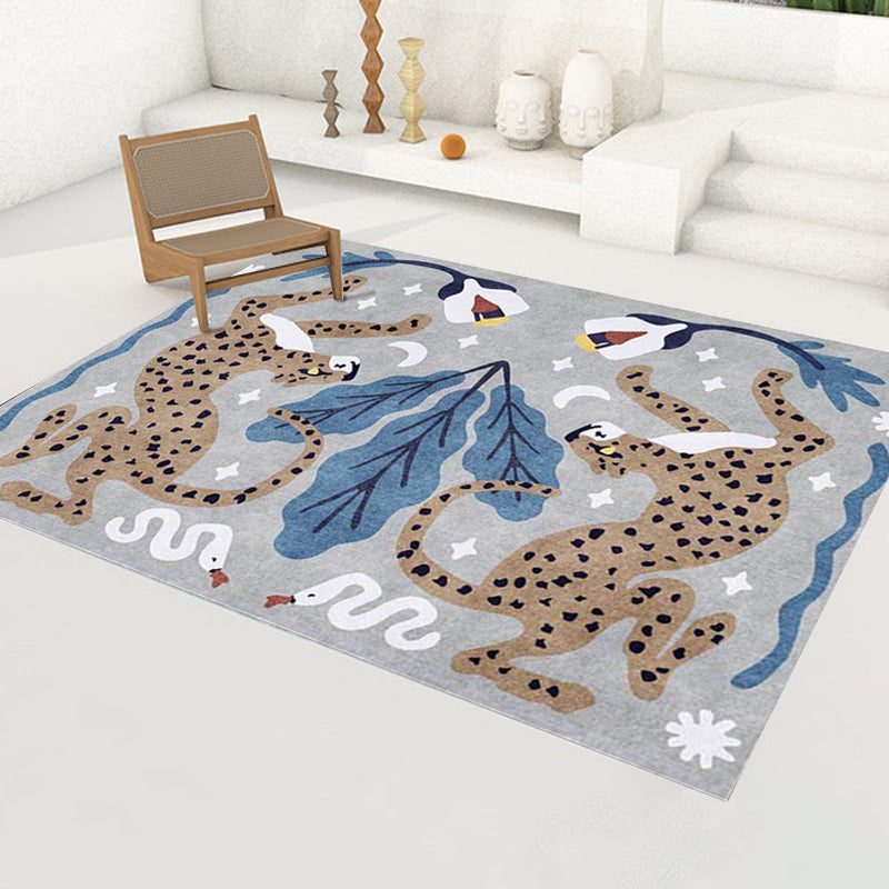 Stylish animal pattern rug gray and blue Nordic rug polyester washable non-slip back rug for the living room