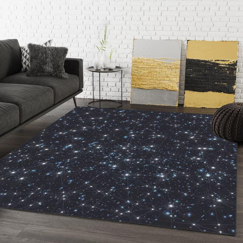 Blue Bedroom Rug Modern Space Star Pattern Area Rug Polyester Machine Washable Rug