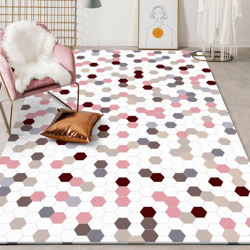 White Bedroom Rug Modern Polka Dot Pattern Hexagon Pattern Rug Polyester Non-Slip Back Rug