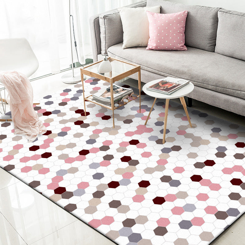 White Bedroom Rug Modern Polka Dot Pattern Hexagon Pattern Rug Polyester Non-Slip Back Rug