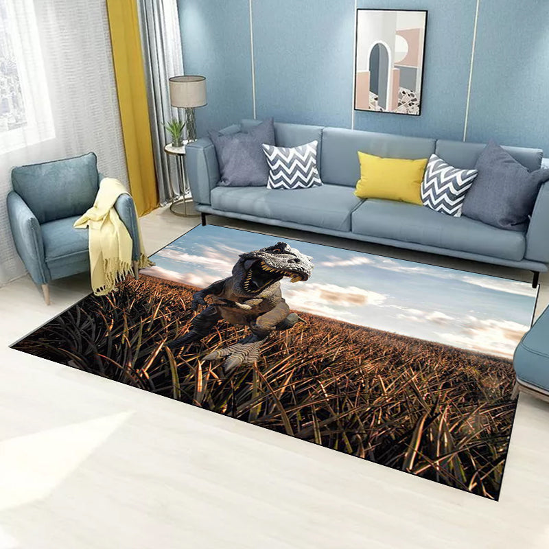 Funky Dinosaur Pattern Rug Brown and Blue Nordic Rug Polyester Washable Anti-Slip Back Rug for the Living Room