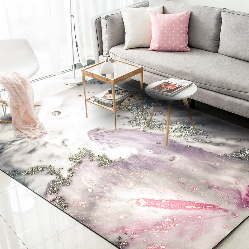 Modern living room rug in gray and pink Abstract seawater print rug Polyester washable pet-friendly rug