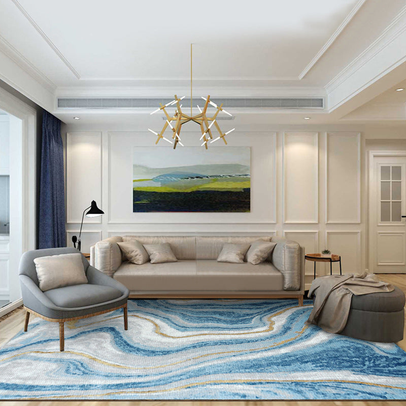 Scandinavian Modern Rug in Blue Abstract Water Wave Pattern Rug Polyester Washable Non-Slip Rug for Home Decor
