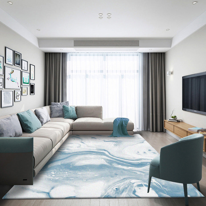 Modern living room rug in blue and white abstract ocean print rug polyester washable pet-friendly rug