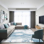 Modern living room rug in blue and white abstract ocean print rug polyester washable pet-friendly rug
