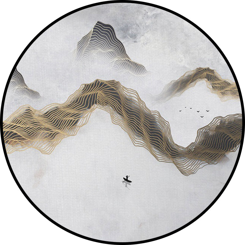 Light gray oriental carpet Polyester swirl stripe pattern carpet with mountain and bird washable non-slip backing flooring for the living room