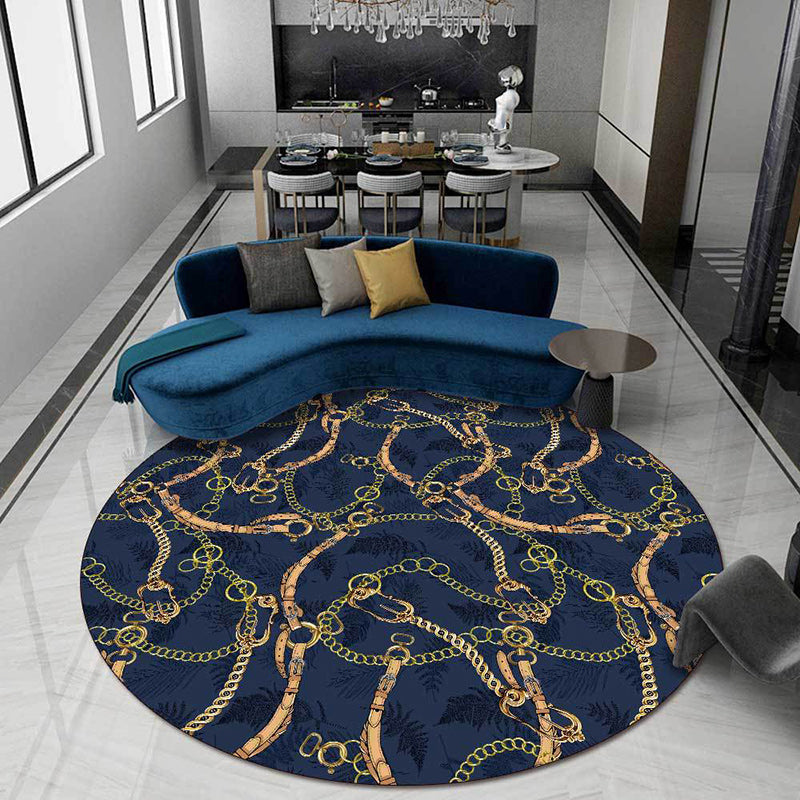 Contemporary Modern Rug in Blue Belt Chain Design Rug Polyester Washable Rug for Home Decoration