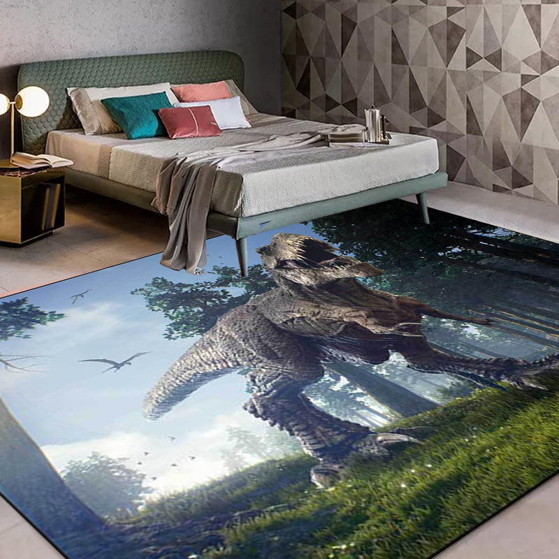 Blue novelty carpet polyester dinosaur and tree pattern carpet washable non-slip backing carpet for the living room