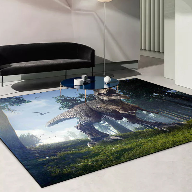 Blue novelty carpet polyester dinosaur and tree pattern carpet washable non-slip backing carpet for the living room