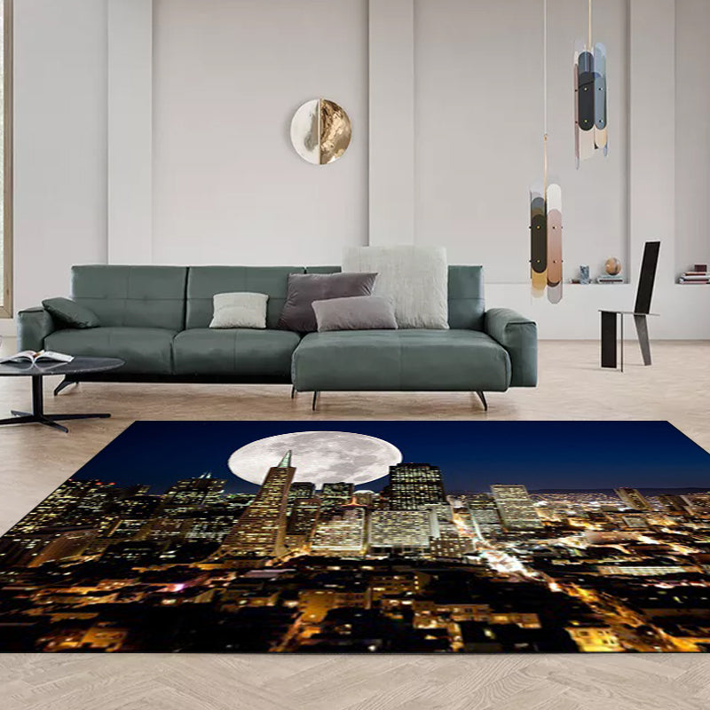 Contemporary geography pattern rug with moon dark blue polyester rug machine washable non-slip area rug for the bedroom