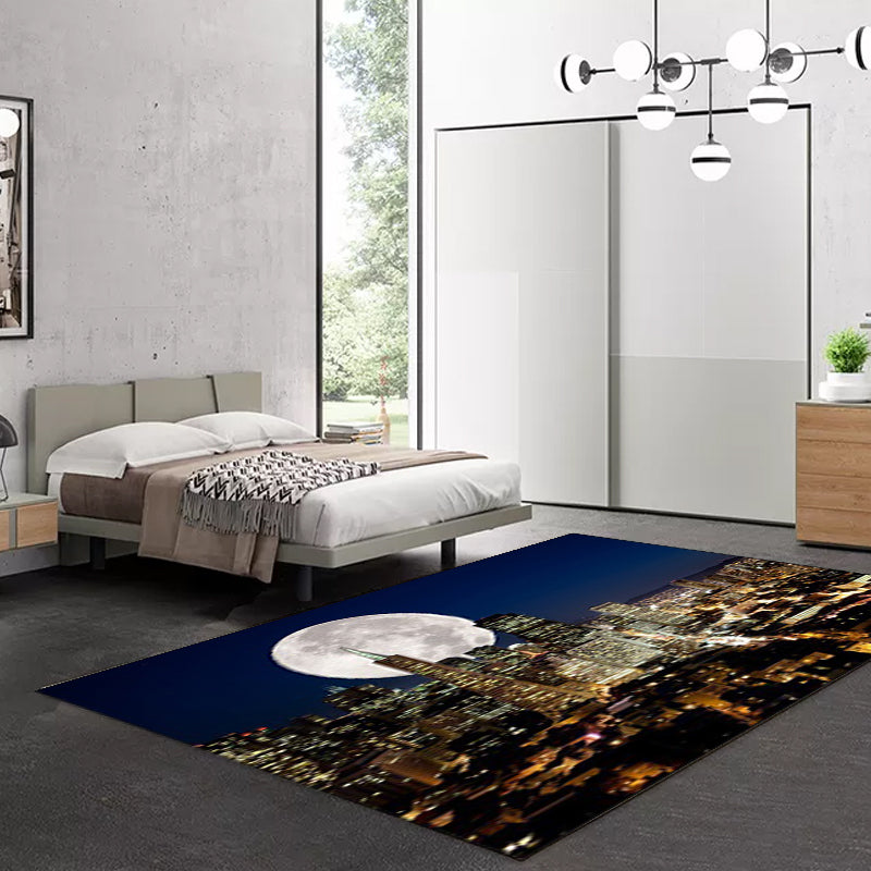 Contemporary geography pattern rug with moon dark blue polyester rug machine washable non-slip area rug for the bedroom