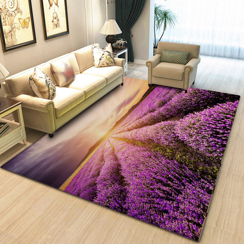 New Lavender Pattern Rug Purple Polyester Rug Machine Washable Non-Slip Rug for the Bedroom