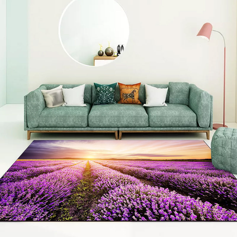 New Lavender Pattern Rug Purple Polyester Rug Machine Washable Non-Slip Rug for the Bedroom