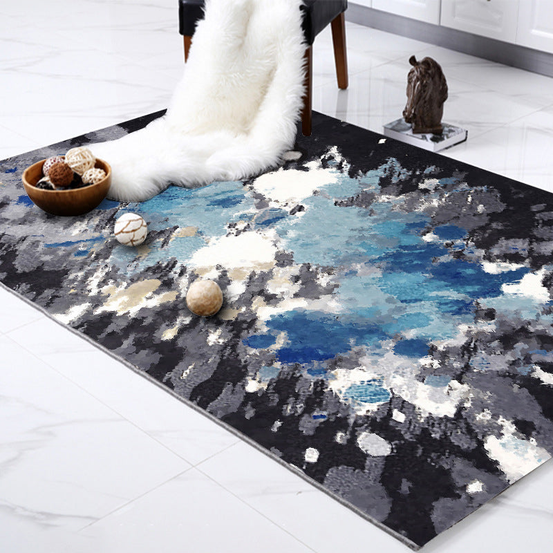 Casual Modern Rug in Blue and Black Abstract Ink Painting Pattern Rug Polyester Washable Rug for Home Decoration