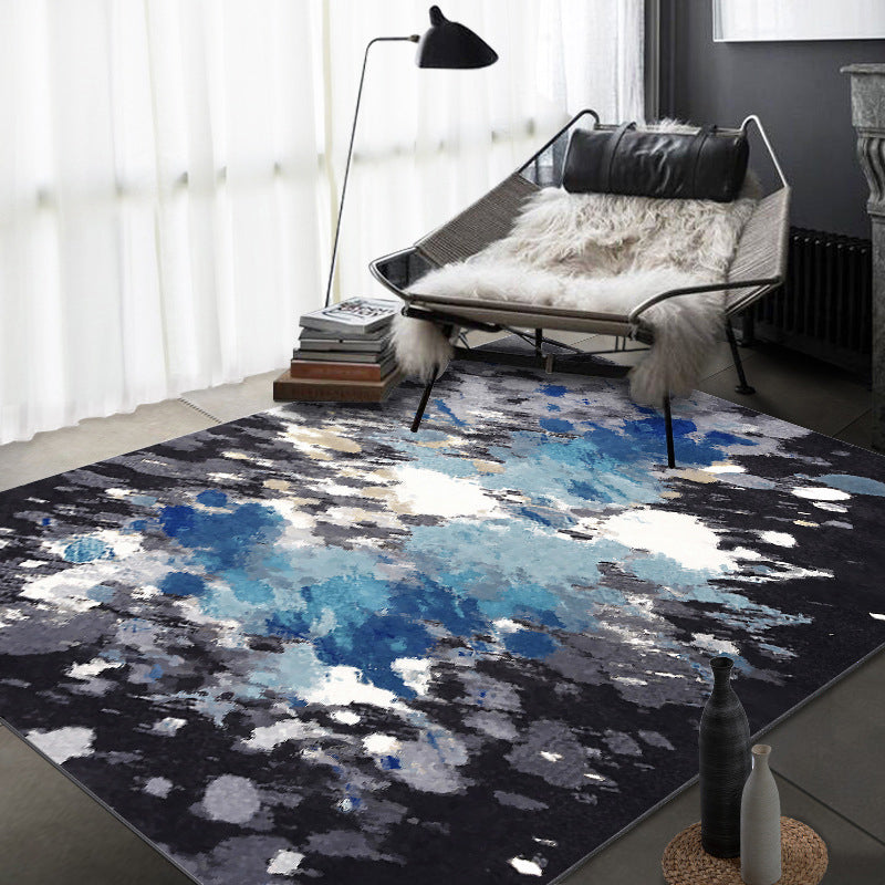 Casual Modern Rug in Blue and Black Abstract Ink Painting Pattern Rug Polyester Washable Rug for Home Decoration