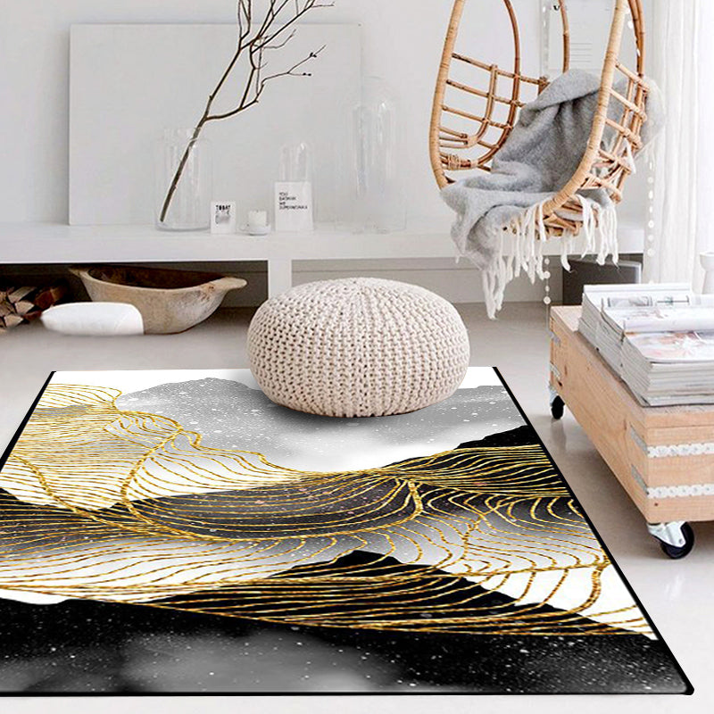 Nordic Modern Rug in Black and White Abstract Ink Painting Line Pattern Rug Polyester Washable Rug for Home Decor