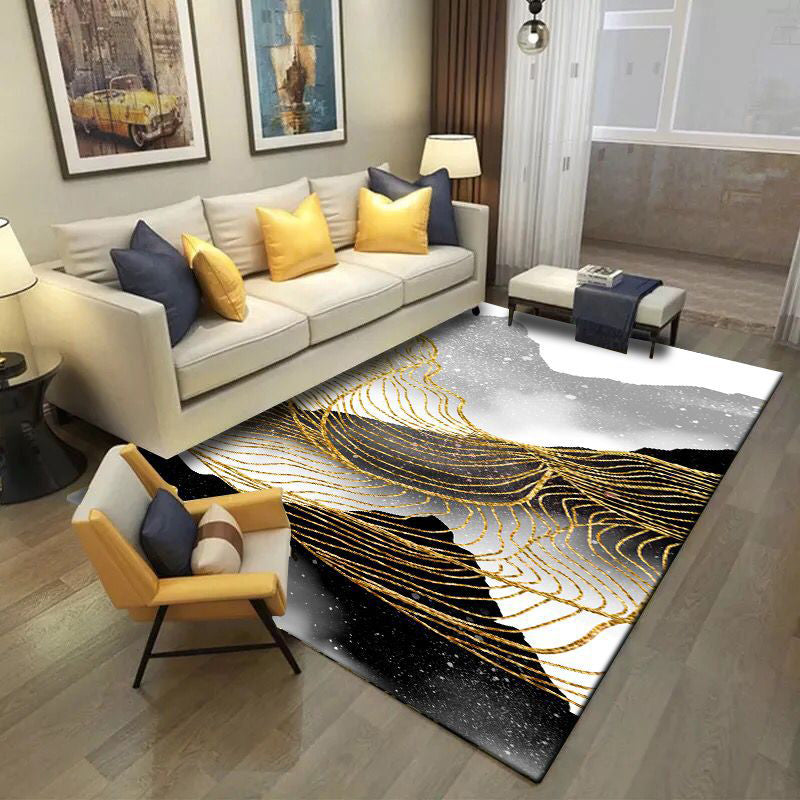Nordic Modern Rug in Black and White Abstract Ink Painting Line Pattern Rug Polyester Washable Rug for Home Decor