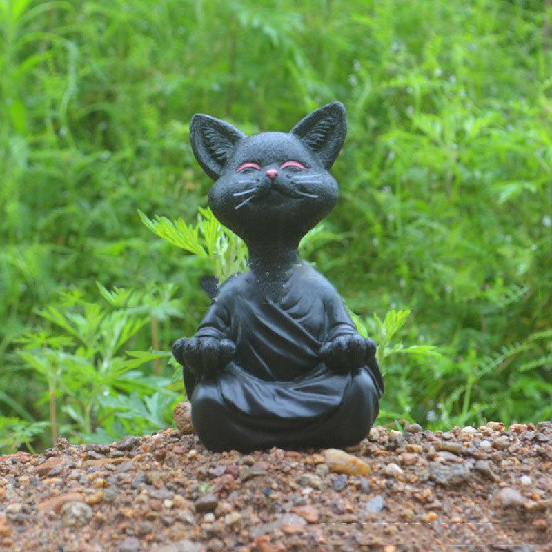 Playful Black Buddha Cat Figure Meditation Yoga Collectible Happy Cat Decor Home Garden Decoration Garden Ornament