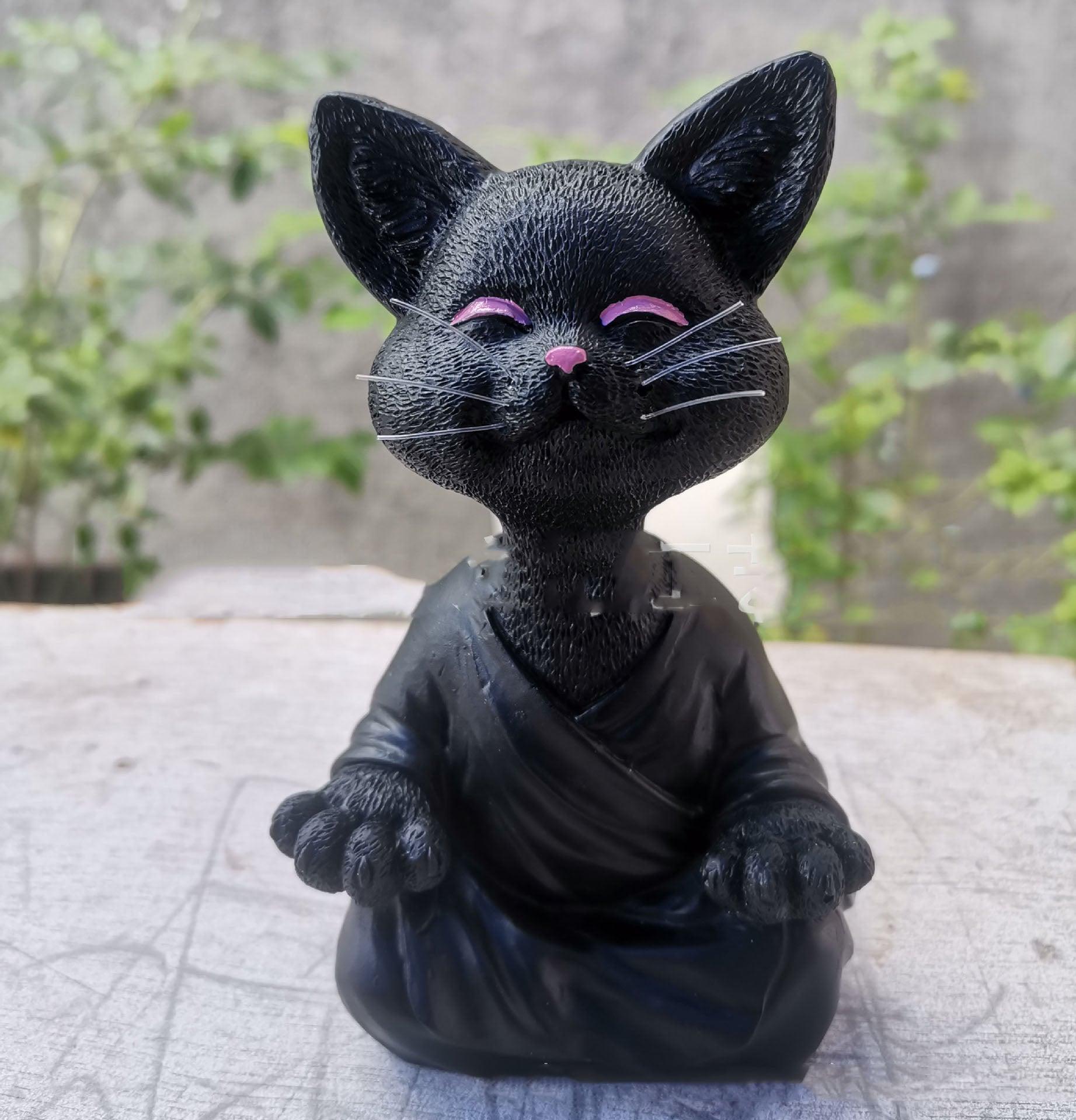 Playful Black Buddha Cat Figure Meditation Yoga Collectible Happy Cat Decor Home Garden Decoration Garden Ornament