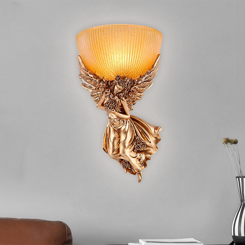 Single Bulb Angel Sconce Light Countryside Gold Resin Wall Mounted Lamp with Amber Fluted Glass Shade, Right