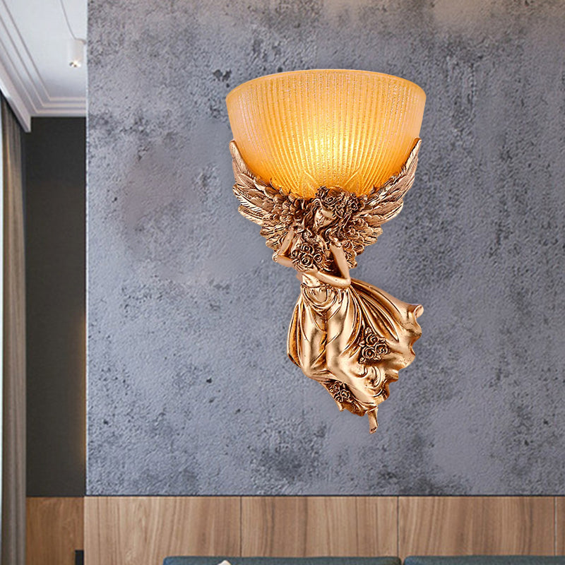Single Bulb Angel Sconce Light Countryside Gold Resin Wall Mounted Lamp with Amber Fluted Glass Shade, Right