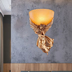 Single Bulb Angel Sconce Light Countryside Gold Resin Wall Mounted Lamp with Amber Fluted Glass Shade, Right