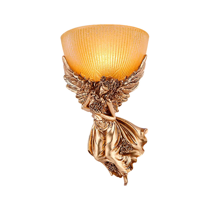 Single Bulb Angel Sconce Light Countryside Gold Resin Wall Mounted Lamp with Amber Fluted Glass Shade, Right
