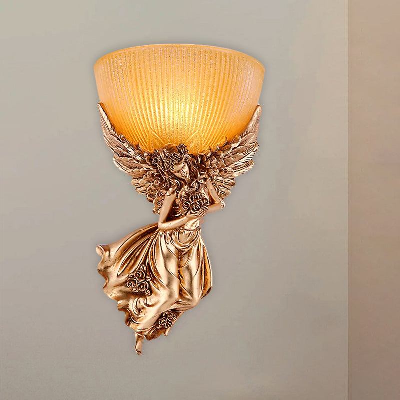 Single Bulb Angel Sconce Light Countryside Gold Resin Wall Mounted Lamp with Amber Fluted Glass Shade, Right