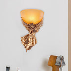 Single Bulb Angel Sconce Light Countryside Gold Resin Wall Mounted Lamp with Amber Fluted Glass Shade, Right
