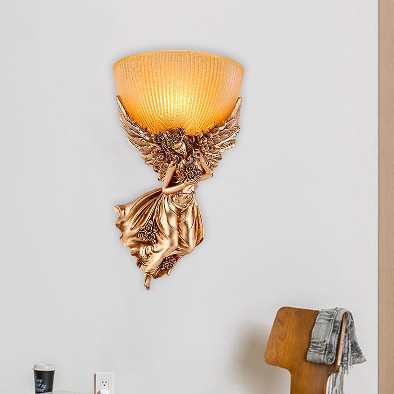 Single Bulb Angel Sconce Light Countryside Gold Resin Wall Mounted Lamp with Amber Fluted Glass Shade, Right