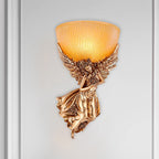 Single Bulb Angel Sconce Light Countryside Gold Resin Wall Mounted Lamp with Amber Fluted Glass Shade, Right