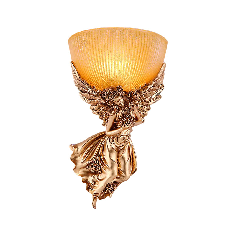Single Bulb Angel Sconce Light Countryside Gold Resin Wall Mounted Lamp with Amber Fluted Glass Shade, Right