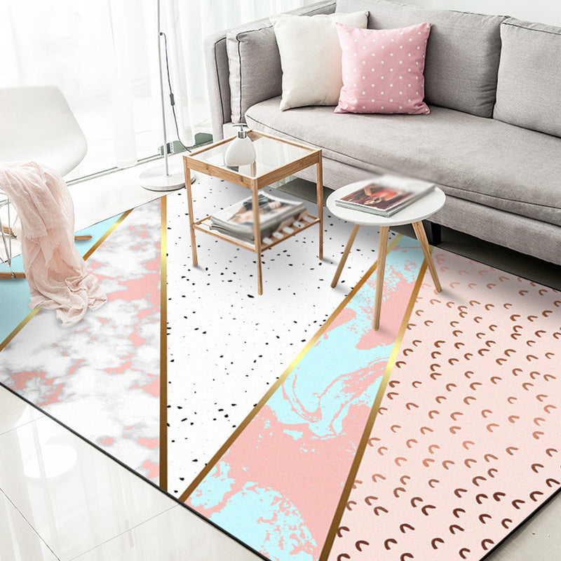 Pink Bedroom Rug Modern Color Block Geometry Marble Pattern Area Rug Polyester Washable Stain Resistant Rug