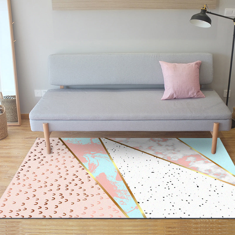 Pink Bedroom Rug Modern Color Block Geometry Marble Pattern Area Rug Polyester Washable Stain Resistant Rug