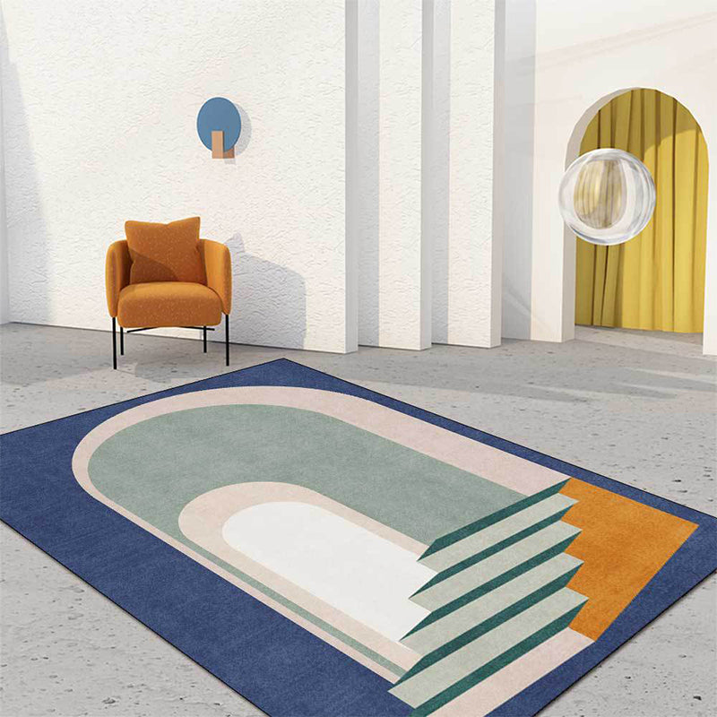 Modern living room rug in blue and green color block door stair print rug polyester machine washable area rug