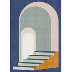 Modern living room rug in blue and green color block door stair print rug polyester machine washable area rug