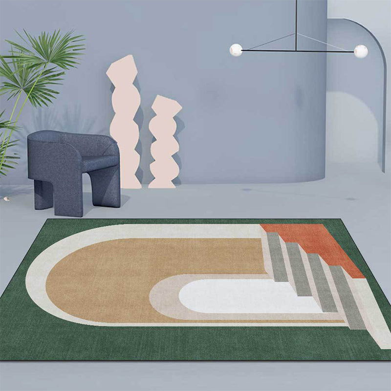 Modern living room rug in blue and green color block door stair print rug polyester machine washable area rug