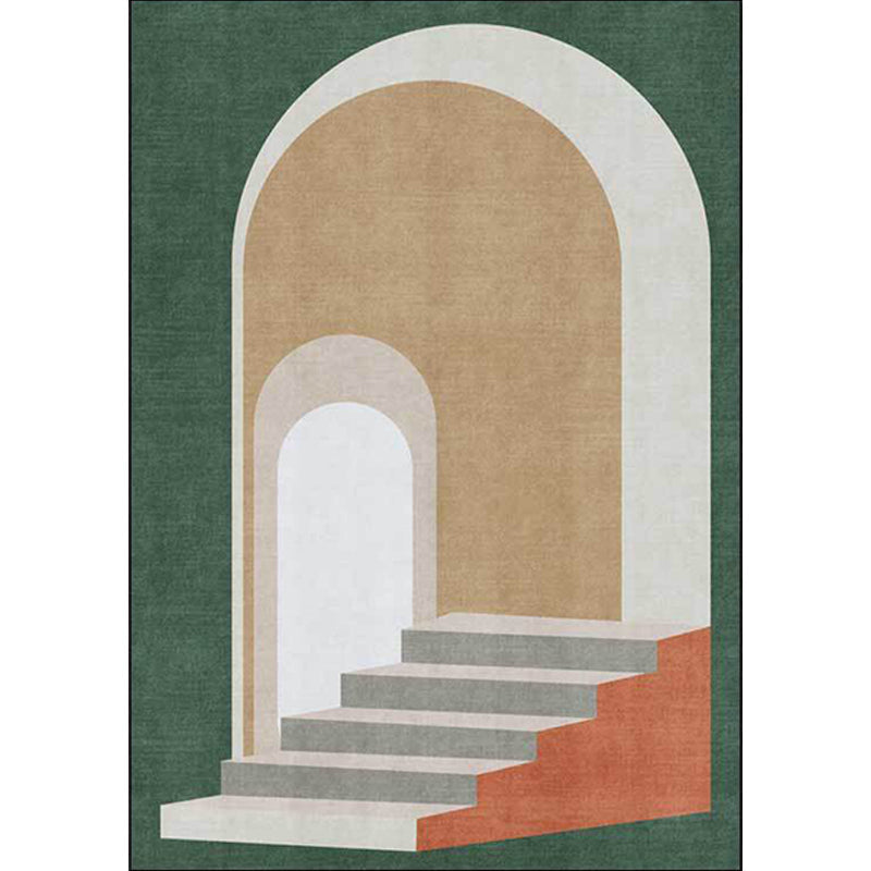 Modern living room rug in blue and green color block door stair print rug polyester machine washable area rug