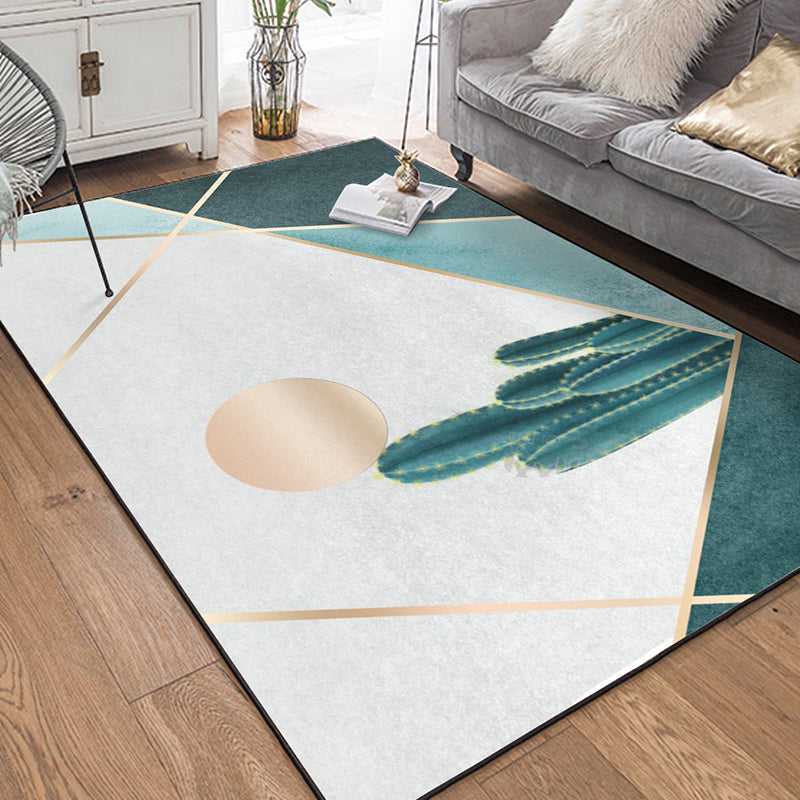 Modern living room rug in green and gray color block cactus sun print rug polyester non-slip backing washable rug